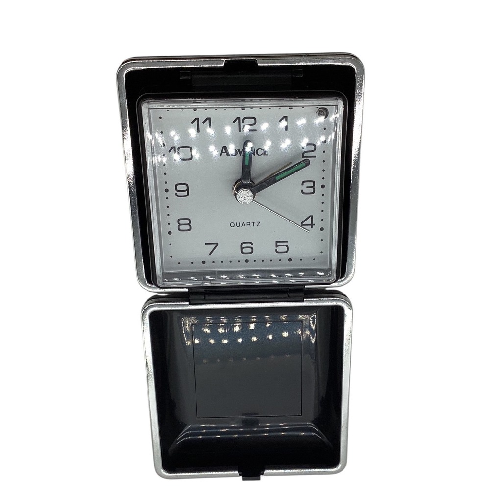 Vintage Advance Quartz Travel Alarm Clock Black Hardshell‎ Folding Case Mens